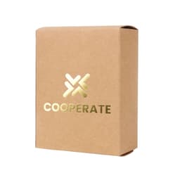 A small square gift box in kraft paper, featuring a gold logo and text on the front.
