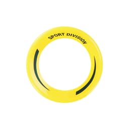 A frisbee in bright yellow with a black logo featuring a curved design.