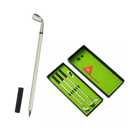 A silver golf pen and three golf club-shaped ballpoint pens in a black gift box with green interior.