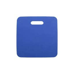 A blue promotional stadium seat cushion with a cut-out handle for easy carrying.
