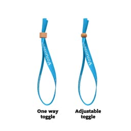 A blue RPET fabric wristband with a bamboo toggle, featuring one-way and adjustable toggle designs.