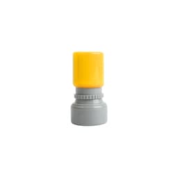 A round stamp with a yellow top and grey base, featuring a logo. Perfect for exhibitions and events.