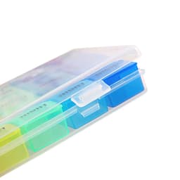 A transparent pill organiser featuring multiple compartments in blue, green, and yellow for medication storage.