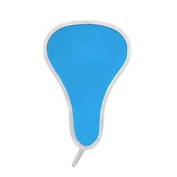 A foldable event fan in bright blue with a white border, featuring a sturdy handle and a logo.