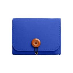 A blue felt essential oil bag with a wooden button closure. It has a simple and compact design.