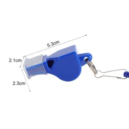 A blue plastic whistle with a keychain attachment, measuring 5.3 cm by 2.3 cm.
