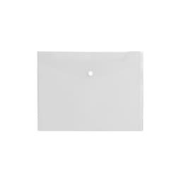 A4 clear file envelope in white, featuring a button closure and a slightly textured surface. Includes a logo.