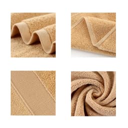 A tan embroidered cotton hand towel featuring textured fabric and a woven edge, with various angles displayed.