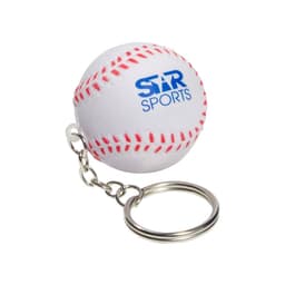 A white baseball-shaped stress reliever with red stitching, attached to a silver keyring, featuring a logo.