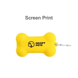 A yellow silicone bone-shaped dog poop bag dispenser with a logo.
