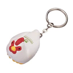 A keyring featuring a white rooster stress reliever with a red comb and yellow feet, attached to a metal ring.
