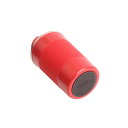 A red stainless steel travel coffee mug with a textured grip and a logo on the base.