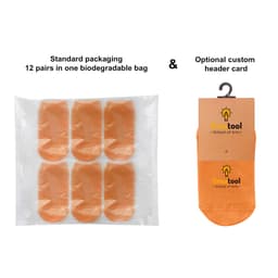 A biodegradable bag containing 12 pairs of orange low cut kids' gripper socks, with an optional header card.