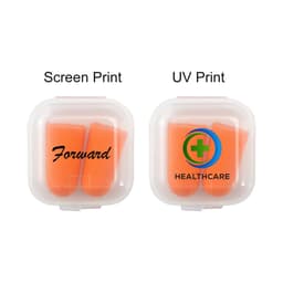 A clear case containing orange ear plugs, featuring a logo on one side and text on the other.
