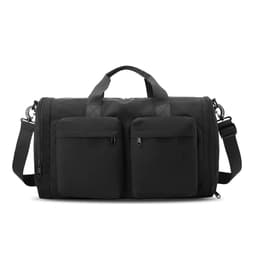 A foldable travel duffle bag in black featuring two front pockets and a detachable shoulder strap.