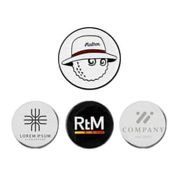 A 25mm golf ball marker set featuring various designs, including a cartoon character and three logoed markers.