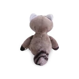 A plush raccoon toy in shades of grey and brown, featuring embroidered eyes and ears.