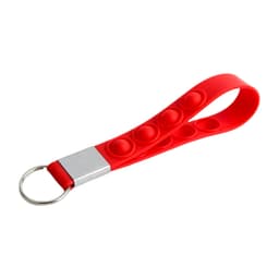 A red silicone keyring featuring several push bubbles and a metal keyring attachment.