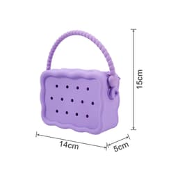 A purple silicone bag with holes, featuring a braided handle and a zip closure. Dimensions are 14cm x 5cm x 15cm.