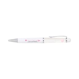 A white plastic pen with a silver clip and a transparent barrel featuring a logo.