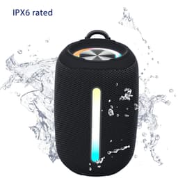 A black outdoor Bluetooth speaker with a waterproof design and LED light strip. It features a textured surface and a circular top.