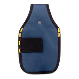 A blue portable tool waist pouch featuring yellow stitching and a black elastic strap. It includes a hole for attachment.