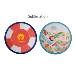 A foldable frisbee in red and blue, featuring two different designs on each side and a logo.