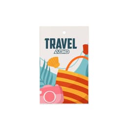 A colourful swing tag featuring a beach theme with a camera, shell, and striped bag, along with a logo.