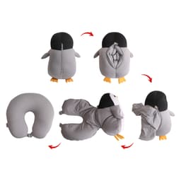A penguin-shaped travel pillow in grey and black, transforming from a plush toy to a functional pillow.