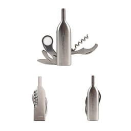 A drink bottle opener in a wine bottle design, featuring stainless steel with multiple tools including a corkscrew and bottle opener.