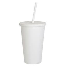 A matte white plastic cup with a lid and straw, designed for drinks. Features a logo.