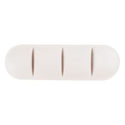 A large tablet-shaped stress reliever in a soft white colour, featuring three indented sections and a branding logo.