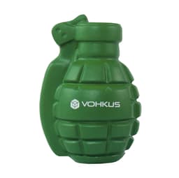A green grenade-shaped stress reliever with a logo. The design mimics a military-style hand grenade.