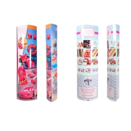 Cardboard display totems in vibrant colours featuring various cartoon characters and products, with logos and visuals on each side.