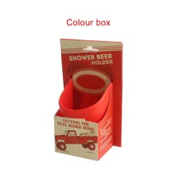 A red shower beer holder displayed in a colourful box, featuring a logo and packaging design.