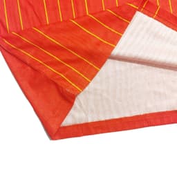 A red half V-neck T-shirt with yellow stripes, featuring a breathable interior fabric and a logo.