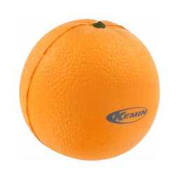 An orange stress reliever shaped like an orange, featuring a textured surface and a small green top, with a logo.