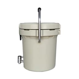 A cream-coloured ice bucket with a faucet and a silver handle, featuring a logo on the side.