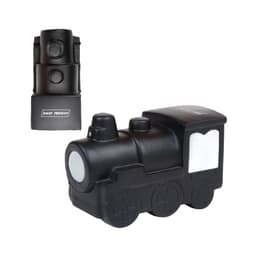 A black locomotive-shaped stress reliever with a logo, featuring detailed design elements and a soft texture.