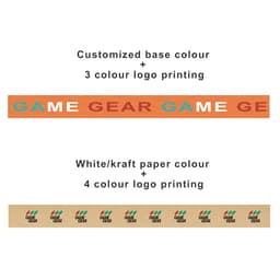 A roll of self-adhesive reinforced kraft paper tape in natural brown with multi-coloured logo printing.