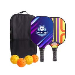 A Fiberglass Pickleball Set featuring two paddles, a black carry bag, and three yellow balls.
