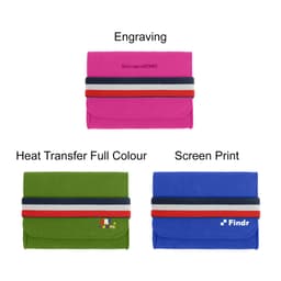 A felt travel organiser in pink, green, and blue with colourful bands, featuring various branding options.