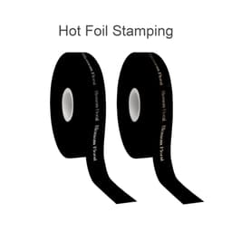 Black satin polyester ribbon with a glossy finish, featuring hot foil stamping and a logo.