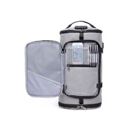 A grey convertible bucket backpack duffel bag features multiple compartments, including space for a phone and pens.