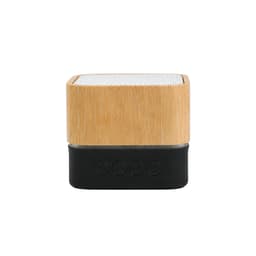 A bamboo Bluetooth wireless speaker with a black base and control buttons at the front. The top features a textured surface.