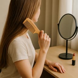 A natural bamboo comb with a handle, featuring fine and wide teeth, alongside a mirror and lipstick on a table.