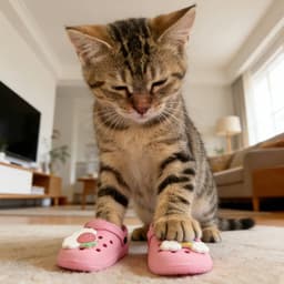 A tabby cat standing on pink pet clog slides with decorative features in a living room setting.