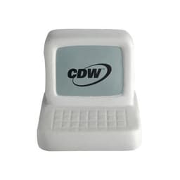 A white computer-shaped stress reliever featuring a branding logo on the screen and keyboard design.