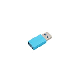 A blue USB data blocker with a silver connector, featuring a logo on the side.