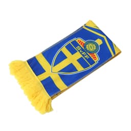 A fleece scarf in blue and yellow with a logo and fringing at both ends.